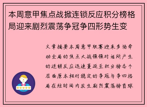 本周意甲焦点战掀连锁反应积分榜格局迎来剧烈震荡争冠争四形势生变 本周意甲焦点战掀连锁反应积分榜格局迎来剧烈震荡争冠争四形势生变